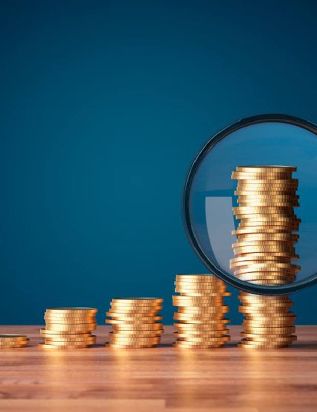 Stacks of coins examined with magnifying glass